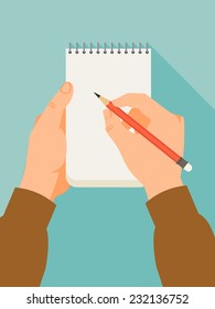 Vector flat modern illustration on hands holding notebook and pencil