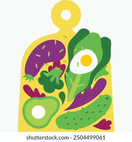 Vector ilustración moderna plana con verduras y alimentos dispuestos en una tabla de cortar: pepino, aguacate, huevo, berenjena, brócoli, hojas de lechuga, verduras