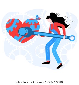 Vector flat modern illustration of a woman who repairs an abstract heart. The concept of falling in love, a broken heart, working on relationship in couple.