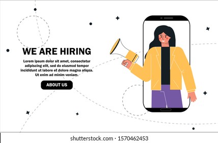 Vector flat modern illustration, woman shouting on megaphone or loudspeaker and recruiting new employees people to work. We are hiring concept, recruitment agency. Landing page template.