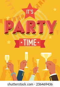 Vector flat modern invitation background on party time with multiple raised hands holding champagne glasses, cheering | Simple corporate celebration event background with 'it's party time' 3d title