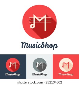 Vector flat modern minimalistic music shop or studio logo set