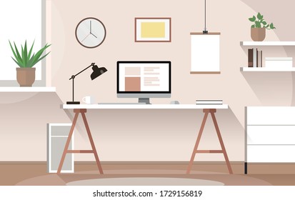 Vector flat modern minimalistic workplace with desk, computer, plants and pictures on the wall in warm tones - home office, cozy working space