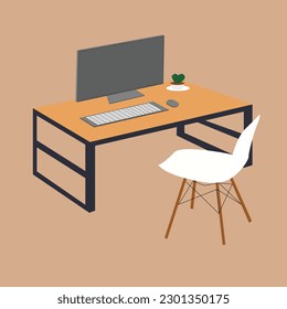 Vector moderno y moderno lugar de trabajo minimalista con escritorio, ordenador, plantas y fotos en la pared en tonos cálidos - oficina en el hogar, acogedor espacio de trabajo