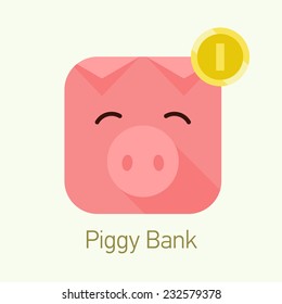 Vector Flat Modern Money Box Application Icon Design | Rounded Corners Square Piggy Bank Icon With Coin In The Corner | Cute Smiling Pink Pig Sign With Golden Coin