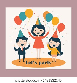 Vector flat modern party invitation background with several happy people. A simple corporate holiday event background with "Let's Celebrate!" "Let's party" title