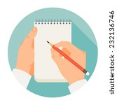 Vector flat modern round icon on hands holding notebook and pencil