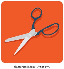 Vector flat modern rounded corners open scissors icon | Classic scissors on plain red background,