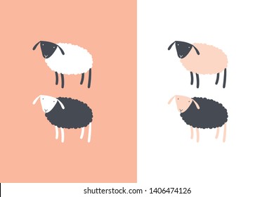 Vector flat modern scandinavian style animal character set. Childish art staying cute sheeps of different color isolated on blue and white. Concept of eco friendly farm. Cartoon EPS10 illustration