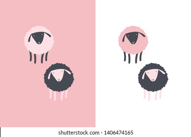 Vector flat modern scandinavian style animal character set. Childish art cute sheeps isolated on pink and white background. Concept of eco friendly farm, child good design. Cartoon EPS10 illustration