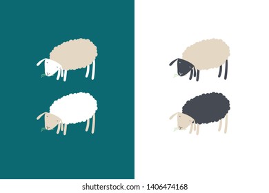 Vector flat modern scandinavian style animal character set. Childish artistic cute sheeps graze isolated on green and white background. Concept of eco friendly farm. Cartoon EPS10 illustration