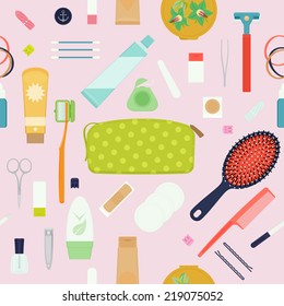 Vector flat modern seamless pattern of personal hygiene equipment and accessories for women | Toiletries, cosmetics and hygiene seamless pattern 