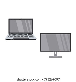 vector flat modern slim laptop computer with wide monitor screen and keyboard and tv set, plasma panel or monitor icon set. Consumer electronics, home appliance. Isolated illustration white background
