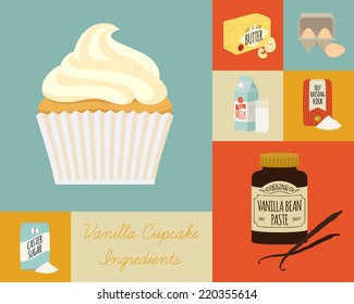 Vector flat modern square baking icons featuring cupcake and ingredients such as vanilla paste, butter, sugar, eggs and milk | Stylish modern pastry baking background 