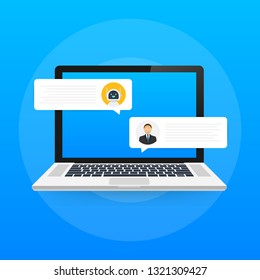 Vector flat modern style cartoon character illustration icon design. Chat bot robot concept on laptop screen. Vector stock illustration.