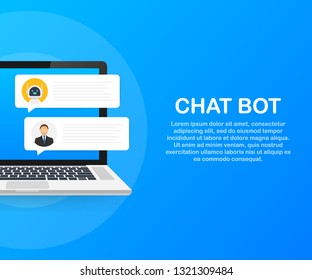 Vector flat modern style cartoon character illustration icon design. Chat bot robot concept on laptop screen. Vector stock illustration.