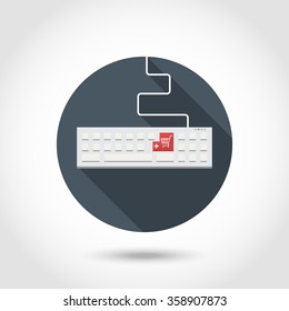 Vector Flat modern style vector design icon Keyboard with button Add to Shopping Cart.Payment concept, internet shop.Concept for web banners and printed materials.With long shadow isolated on a circle
