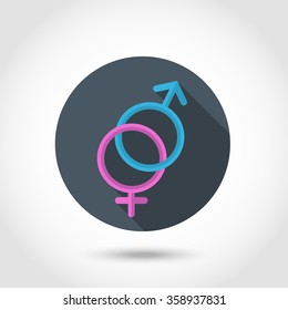 Vector Flat modern style vector design icon Venus and Mars  Male and female symbol blue and pink color  silhouetted sign.With long shadow isolated on a circle