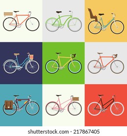 Vector flat modern urban, town and city bicycles set | Various different bicycles with wooden crates, baby seats, travel and touring bicycle, pink bicycle, white tires, carbon wheels and more