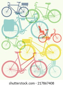 Vector flat modern urban, town and city bicycles background featuring touring bicycle, fixed gear, wooden crate, retro frame and baby seat equipped bicycle