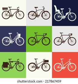 Vector flat modern urban, town and city bicycles icons set | Nine different types of city bicycles with assorted additional equipment
