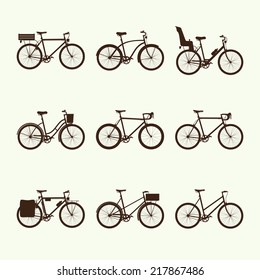 Vector flat modern urban, town and city bicycles silhouette icons set | Nine different types of city bicycles with assorted additional equipment