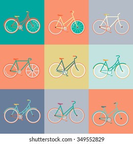 Vector flat modern urban, town and city bicycles set. Stylish minimalistic flat vintage bicycle illustration. Retro Illustration Bicycle.