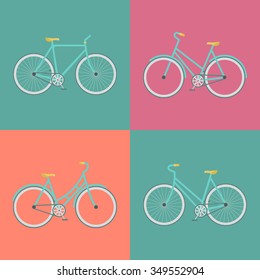 Vector flat modern urban, town and city bicycles set. Stylish minimalistic flat vintage bicycle illustration. Retro Illustration Bicycle.