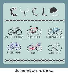 Vector flat modern urban, town and city bicycles set | travel and touring bicycle, colorful bicycle, carbon wheels and more.