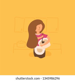 Vector Flat Mom cooks dinner for her family. She cooks a delicious soup and holds a pot in her hands and a standholder in the kitchen to cook food. housekeeper preparing dinner