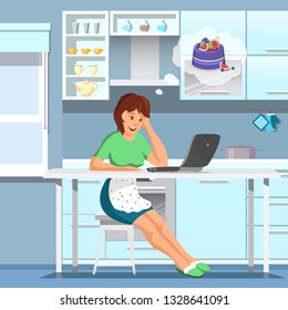 Vector Flat Mom in Kitchen Watching Laptop Online Cooking.  