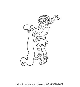 vector flat monochrome christmas elf boy in stockings holding big paper scroll smiling. Fairy holiday character in christmas santa hat. Isolated illustration on a white background for coloring book