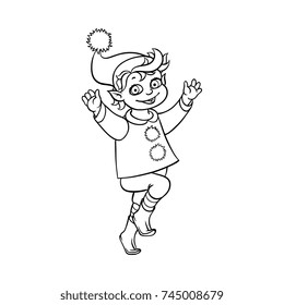 vector flat monochrome christmas elf boy dancing or jumping smiling raising hands up. Fairy holiday character in christmas santa hat. Isolated illustration on a white background for coloring book