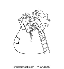 vector flat monochrome christmas elf boy folding golden bow present boxes in big bag smiling. Fairy character in christmas santa hat. Isolated illustration on a white background for coloring book