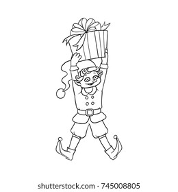 vector flat monochrome hand drawn christmas elf boy holding golden present box smiling. Fairy holiday character in christmas santa hat. Isolated illustration on a white background for coloring book