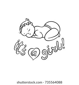 vector flat monochrome style newborn cute infant baby boy toddler in diaper or nappy sleeping lying on his back, it's a girl inscription. Isolated illustration on a white background for coloring book