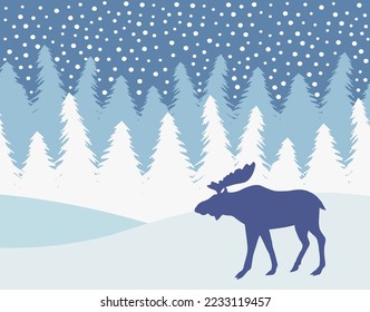 Vector flat moose silhouette isolated on winter landscape