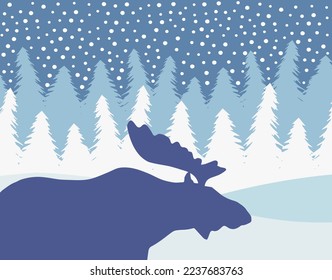Vector flat moose silhouette isolated on winter landscape