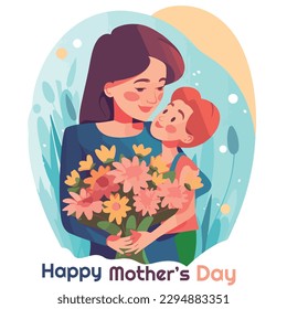 vector flat mother hug his girl with colorful flower isolated on white