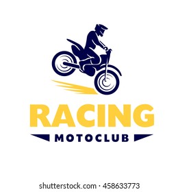 Vector flat moto free style racer icon isolated on white background. Sportsman, athlete jumping with motorcycle. Extreme sports. Sport club logo, banner, advertisement, flayer, leaflet, card design.