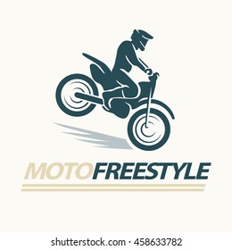 Vector flat moto free style racer icon isolated on white background. Sportsman, athlete jumping with motorcycle. Extreme sports. Sport club logo, banner, advertisement, flayer, leaflet, card design.