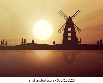 Vector flat mountain landscape sunrise illustration
