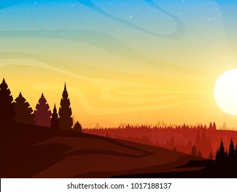 Vector flat mountain landscape sunrise illustration