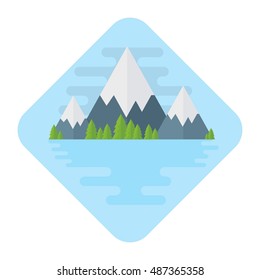 Vector flat mountains. Landscape with mountains, lake and forest. Silence, tranquility, relaxation. Flat cartoon illustration. Objects isolated on a white background.
