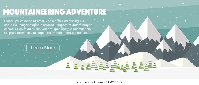 Vector flat mountains panoramic illustration. Mountaineering winter banner, web design. High mountains, fir trees, snowfall. Mountaineering adventure, Alps, wide panoramic background.