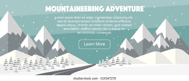 Vector flat mountains panoramic illustration. Mountaineering winter banner, web design. High mountains, fir trees, road, snowfall. Mountaineering adventure, vector illustration. 
