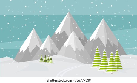 Vector flat mountains panoramic illustration. High mountains, fir trees, ski trail, snowfall.  Mountaineering winter banner, web design. Alps, wide panoramic background.