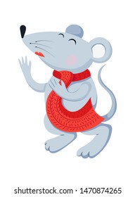 Vector flat mouse animal illustration for Christmas and new year design, symbol of 2020 in Chinese calendar. Cute gray rat with colored scarf. For party invitation, holiday icon, greeting card