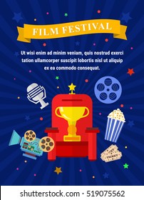 Vector flat movie elements with armchair, award, camera, popcorn and a microphone. Concept cinema.