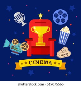 Vector flat movie elements with armchair, award, camera, popcorn and a microphone. Concept cinema.